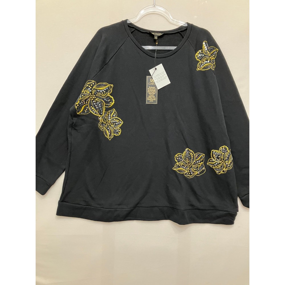 New DG2 Diane Gilman 3X Black Embellished Fleece Beaded Sequin Floral Sweatshirt